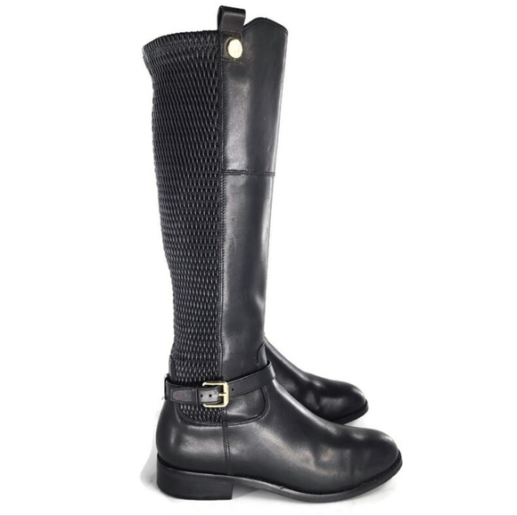 Cole Haan Galina Grand Black Leather Rouched Stretch Panel Tall Riding Boots - Picture 8 of 16